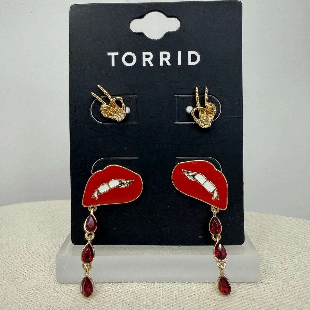 Torrid Earrings Set Skeleton Hand Studs Red Lips Dangle Faux Gemstone‎ Gold Tone
